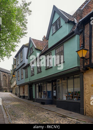 NORWICH, NORFOLK, UK - JUNE 13, 2018:View along Elm Hill, a cobbled lane in the City Centre Stock Photo