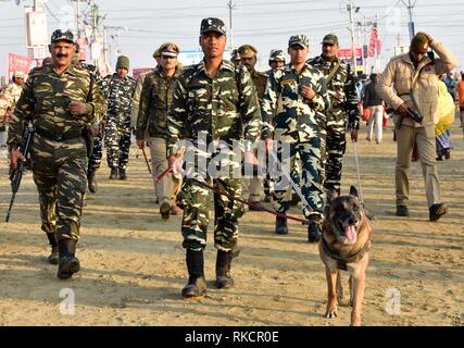 Allahabad, India. 10th Feb, 2019. Paramilitary forces keep vigil on the occasion of Basant Panchami festival at Sangam during Kumbh or Pitcher festival in Allahabad. Credit: Prabhat Kumar Verma/Pacific Press/Alamy Live News Stock Photo