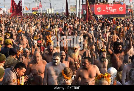 Allahabad, India. 10th Feb, 2019. Sadhus arrive to take holydip on the occasion of Basant Panchami festival at Sangam during Kumbh or Pitcher festival in Allahabad. Credit: Prabhat Kumar Verma/Pacific Press/Alamy Live News Stock Photo