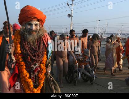 Allahabad, India. 10th Feb, 2019. Sadhus arrive to take holydip on the occasion of Basant Panchami festival at Sangam during Kumbh or Pitcher festival in Allahabad. Credit: Prabhat Kumar Verma/Pacific Press/Alamy Live News Stock Photo