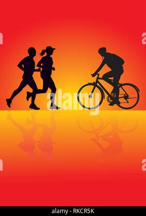 Silhouette of a cyclist and running people men and woman jogging on colored background Stock Vector