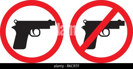 Yes or no to gun control. Sign with both handgun allowed and banned. Symbolic icon design includes automatic pistol with circle with a red line throug Stock Vector
