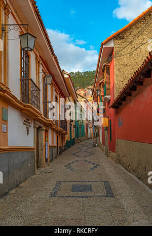 Vertical photograph of the beautiful Jaen street with its colorful Spanish colonial architecture in the historic city center of La Paz, Bolivia. Stock Photo