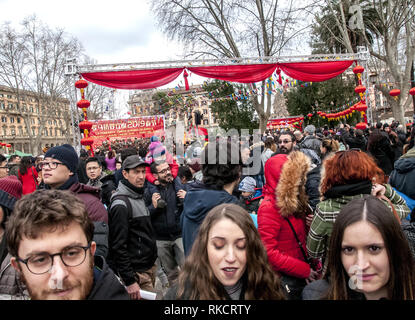 Rome, Italy. 10th Feb, 2019. Celebrations of Chinese community in Rome of Chinese New Year, also known as Spring Festival or Lunar New Year, the most important traditional festival of the year in China. This festival follows the traditional lunar calendar and does not have a fixed date, because according to Chinese astrology, each lunar sign corresponds to a zodiacal sign. This year is the year of the Pig Credit: Patrizia Cortellessa/Pacific Press/Alamy Live News Stock Photo