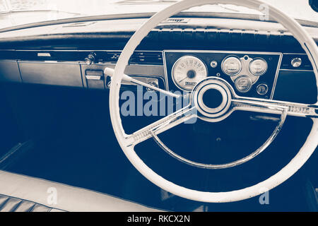 Vintage car dashboard and steering wheel Stock Photo