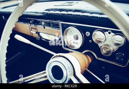 Vintage car dashboard and steering wheel Stock Photo