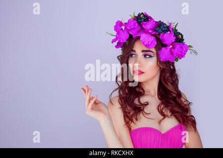 woman presenting purple copy space