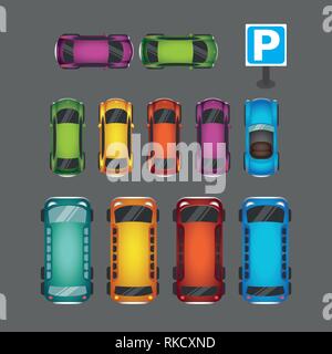 Top view of numerous cars and buses at parking place vector illustration Stock Vector