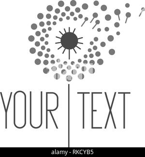 Vector trendy transparent gray icon and logo on a dark background of blowing dandelion seeds flower. Template for business brand Stock Vector