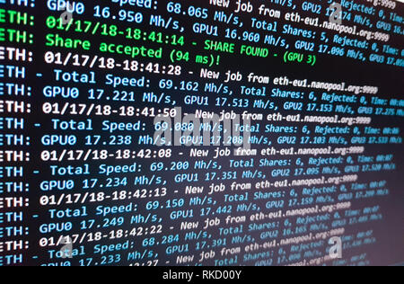 Screen display of cryptocurrency mining Stock Photo