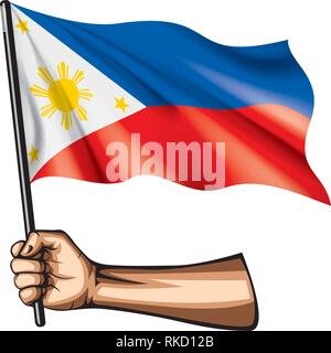 Philippines flag and hand on white background. Vector illustration ...