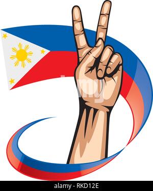 Philippines flag and hand on white background. Vector illustration ...