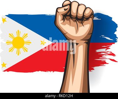 Philippines flag and hand on white background. Vector illustration Stock Vector