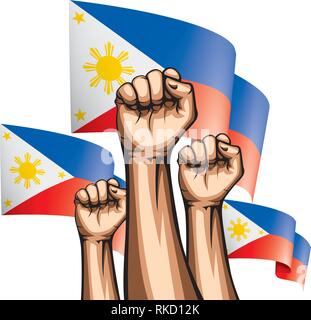 Philippines flag and hand on white background. Vector illustration Stock Vector