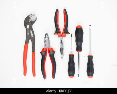 Set of hand tools. Different work tools: pliers and screwdrivers Stock Photo