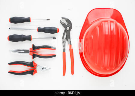 Various hand tool equipment on white table Stock Photo