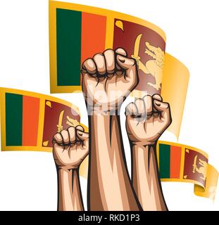 Sri Lanka flag and hand on white background. Vector illustration Stock Vector