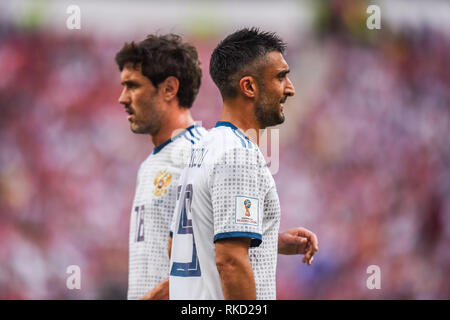 Moscow, Russia - July 1, 2018. Russia national football team midfielders Alexander Samedov and Yuri Zhirkov before FIFA World Cup 2018 Round of 16 mat Stock Photo