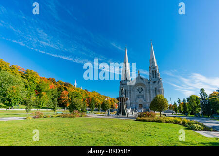 Exterior morning view of the Basilica of Sainte-Anne-de-Beaupre church at Quebec, Canada Stock Photo