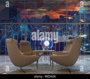 Lobby area of a hotel which can see Trading graph on the cityscape at night and world map background,Business financial concept Stock Photo