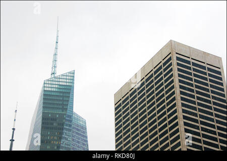 A photographic juxtaposition of the old and new buildings in New York City's midtown Manhattan. Stock Photo
