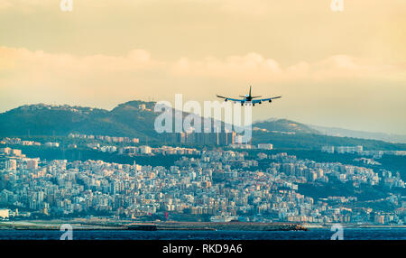 Airplane on final approach to Beirut International Airport, Lebanon