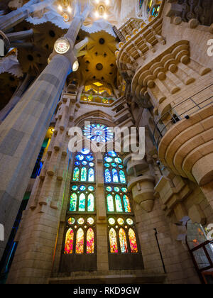 BARCELONA, SPAIN - CIRCA MAY 2018: Interior of La Sagrada Familia, a famous Cathedral in Barcelona designed by Antoni Gaudi. View of the interior colu