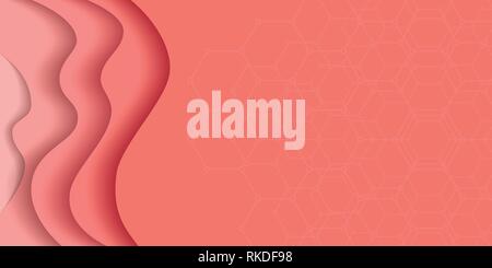 Wavy creative vector image with hexagonal design element in living coral trend color. Stock Vector