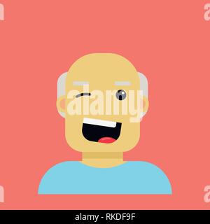 Old happy winking man in cartoon style. Modern vector illustration isolated on living coral color. Stock Vector
