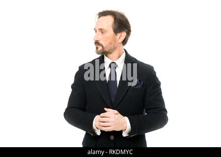 Suit imbue sense of confidence of gentlemen. Man handsome confident mature fashion model wear fashionable suit on white background. Ways to accessorize your suit. Bespoke suit flatters every wearer. Stock Photo