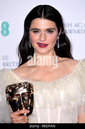 Rachel Weisz with her Best Actress in a Supporting Role Bafta for The Favourite in the press room at the 72nd British Academy Film Awards held at the Royal Albert Hall, Kensington Gore, Kensington, London. Stock Photo