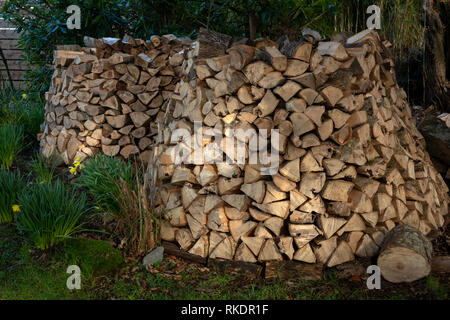 Pile of firewood cut tree logs. Stack of wood as firewood material by barn wall. Home self sufficient energy. Stock Photo
