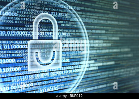 padlock icon on LED computer display screen with binary code moving in the background. password and data privacy protection in internet data transfer  Stock Photo