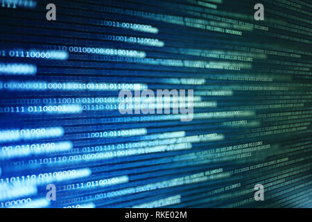 binary data on computer monitor. multiple layers of codes streaming signifying transferring information over internet medium. Stock Photo