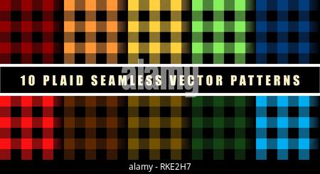 Set 10 Check Plaid Seamless Pattern in Blue, Crimson, Red, Green and Orange Colors. Template for Clothing Fabrics. Trendy Colors Palettes of 2019 Stock Vector