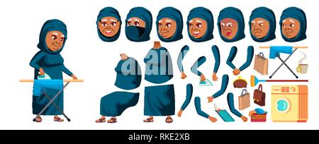 Arab, Muslim Old Woman Vector. Senior Person Portrait. Elderly People. Aged. Animation Creation Set. Face Emotions, Gestures. Banner, Flyer. Animated Stock Vector