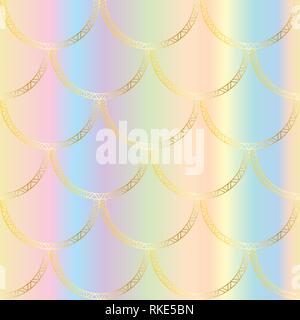 Vector golden mermaid tail texture. Fish scale seamless pattern on rainbow gradient background. Luxury background Stock Vector