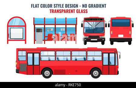 City Bus and Bus stop, side front and back view. Flat color style vector illustration. Stock Vector