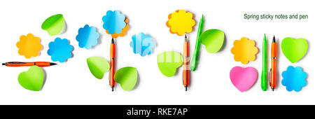 Sticky note heart and flower shaped with pen collection isolated on white background. Design elements and springtime themes. Flat lay, top view Stock Photo