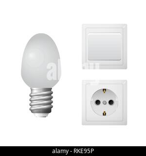 Socket with plug, led light bulb. Set of household electrical equipment. Vector illustration Stock Vector