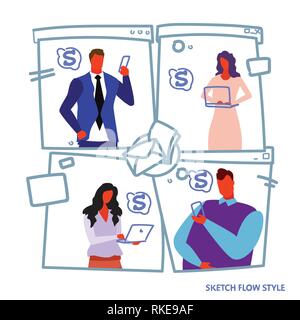 set businesspeople using digital gadgets to earn money dollar growth wealth concept business people holding smartphone and laptop sketch flow style Stock Vector