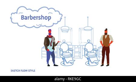 couple stylish barbers standing near retro style haircut chair male hairdressers in hair salon modern barbershop interior sketch flow style horizontal Stock Vector