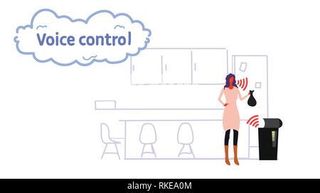 home recycle trash controlled by woman smart tech recognizes commands voice control concept modern kitchen interior sketch flow style horizontal Stock Vector
