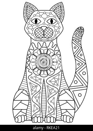 Black cat body contour decorated with various patterns, vector on the white background Stock Vector