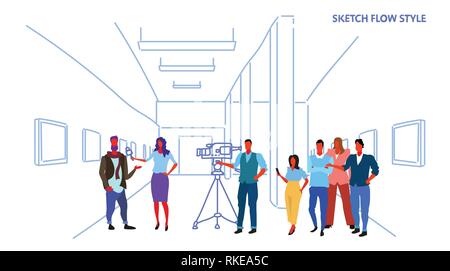 female presenter interviewing with crew reporter taking interview with man mass media announcement concept art gallery museum interior horizontal Stock Vector