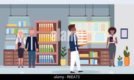mix race businesspeople team work process co-working center concept colleagues meeting working office conference room interior flat full length Stock Vector