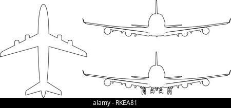 High-detailed Vector plane with line art style. Top, side, front and back view. Vector illustration. Stock Vector