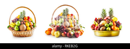 Fresh fruits in basket and bowl collection isolated on white background. Healthy eating and dieting concept. Winter assortment. Design element, fruit  Stock Photo
