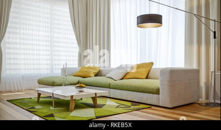 Modern interior design of living room, amazing colors, spacious and calm Stock Photo