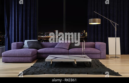 Modern design interior living room, night scene, city in the background, 3d rendering, no people Stock Photo